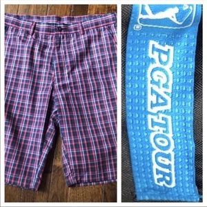 Mens size 32 PGA tour golf plaid flat front shorts